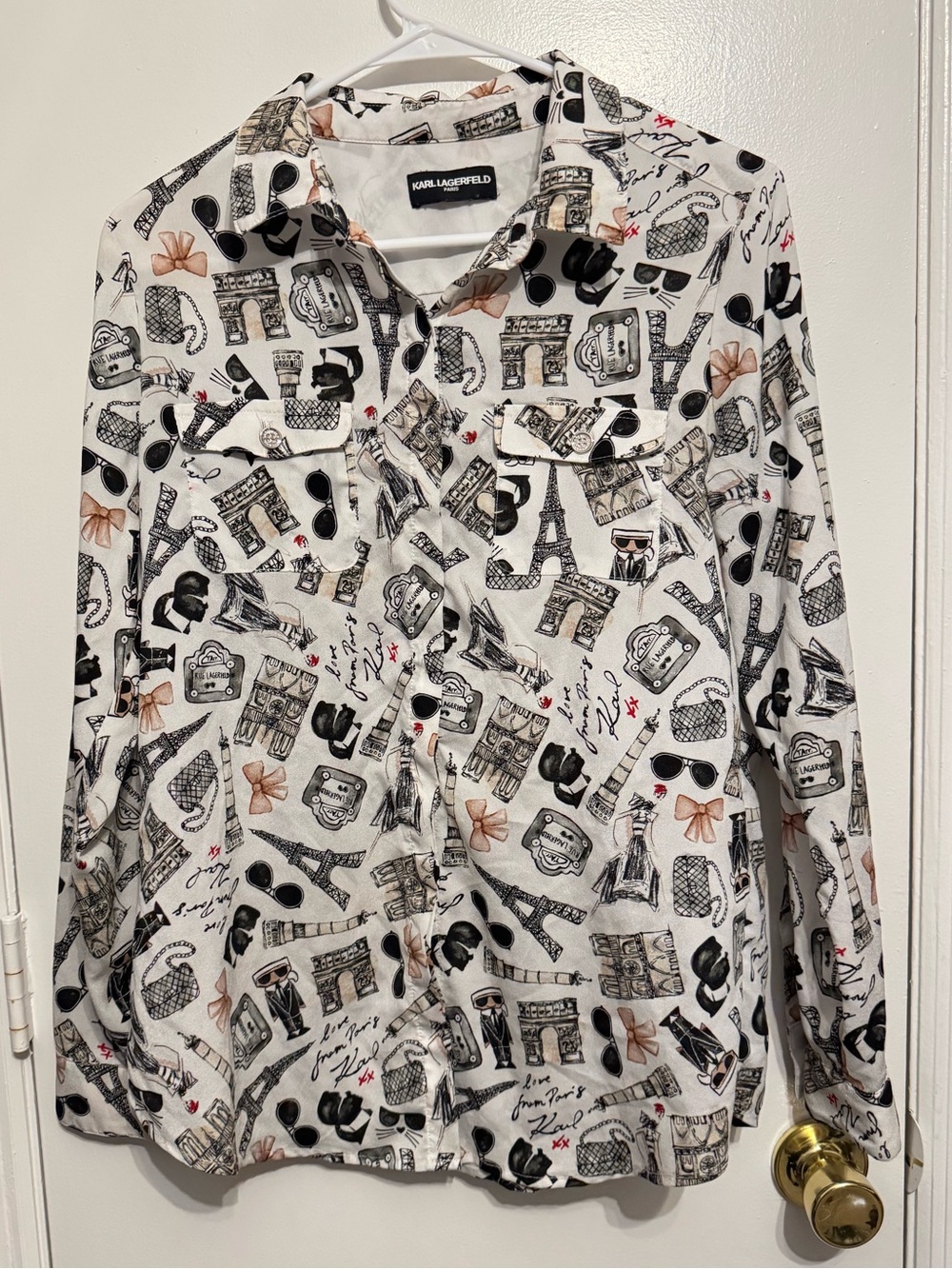 Karl Lagerfeld Paris Eiffel Tower Print Button Down Blouse Small